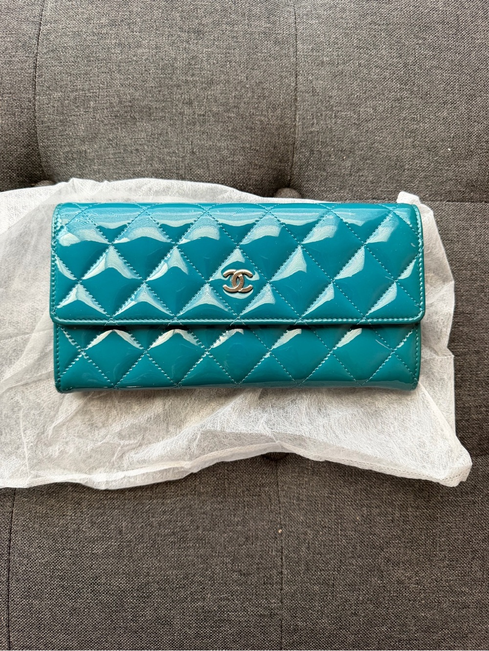 Authentic Rare CHANEL Teal Quilted Patent Leather Wallet with Silver CC
